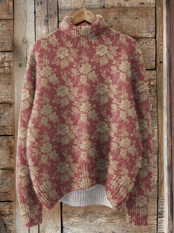 Rose | Retro Rose Pattern Turtleneck Sweater