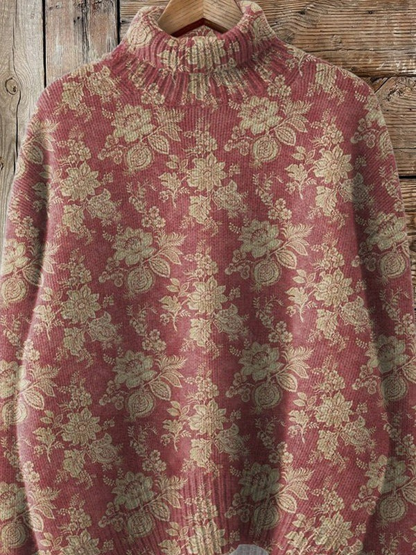Rose | Retro Rose Pattern Turtleneck Sweater