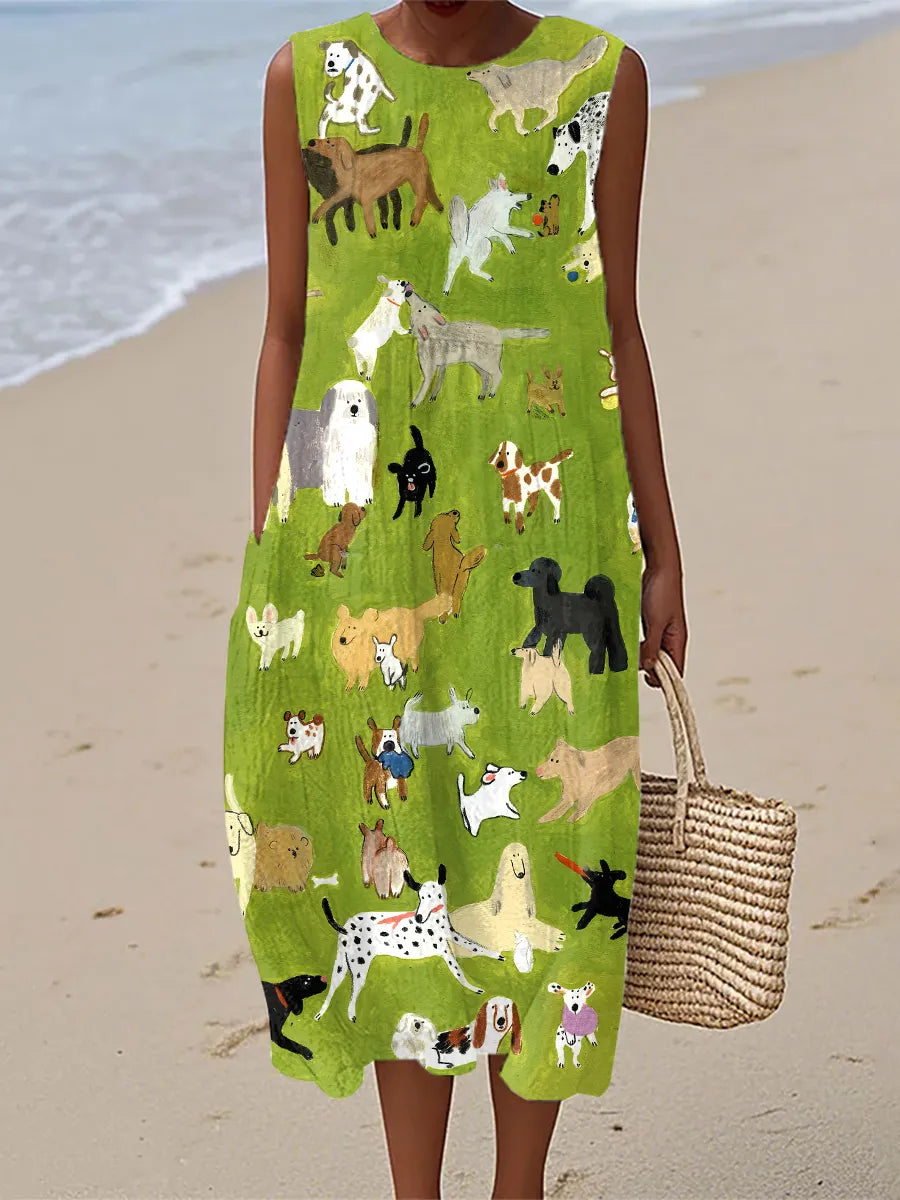 Isabella | Midi Dress Printed Dog Oil Painting