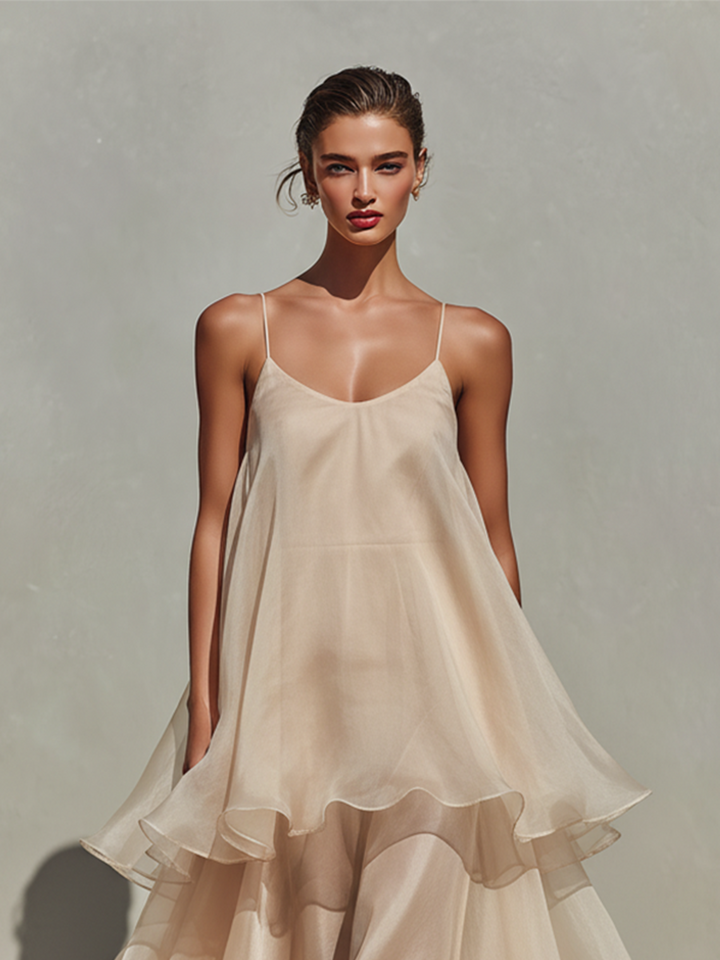 Eloria – Champagne Chiffon Midi Dress with Ruffle Layers