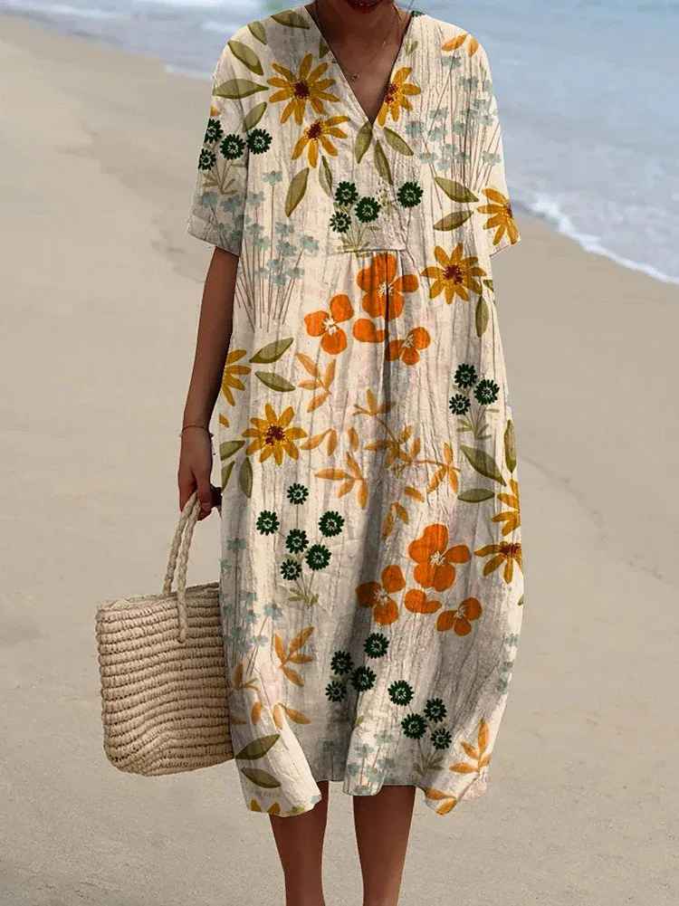 Women's Vintage Floral Art Print Flowy Casual Dress