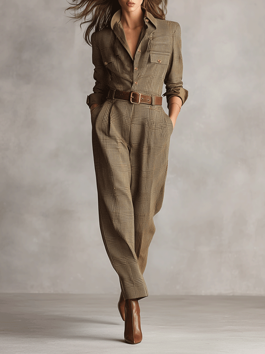 Celia | Brown Checkered Jumpsuit with Refined Details
