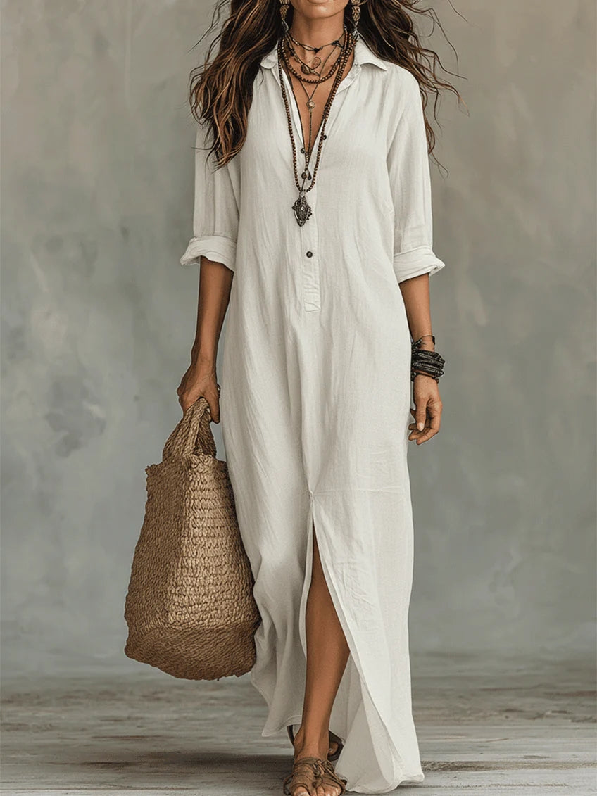 Soline™ | Oversized Black Maxi Dress with Buttons