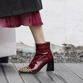 SHINY BORDEAUX ANKLE BOOTS WITH ANIMAL PRINT TIP