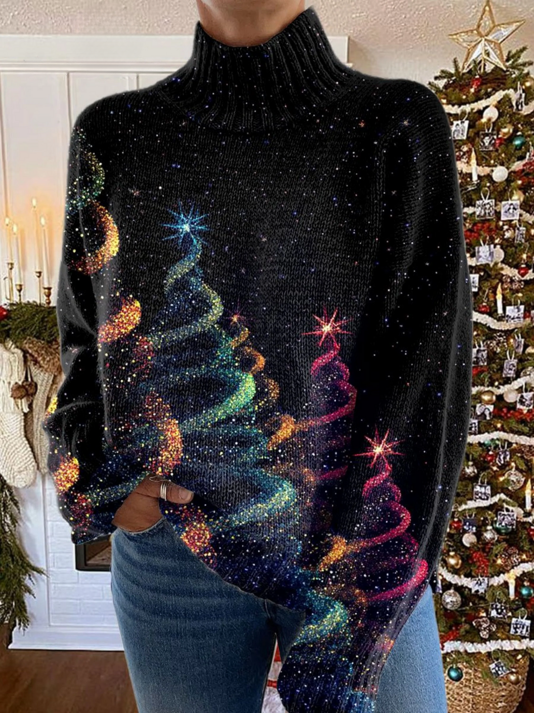 Poppy Flower | Glittering Christmas Tree Turtleneck Sweater