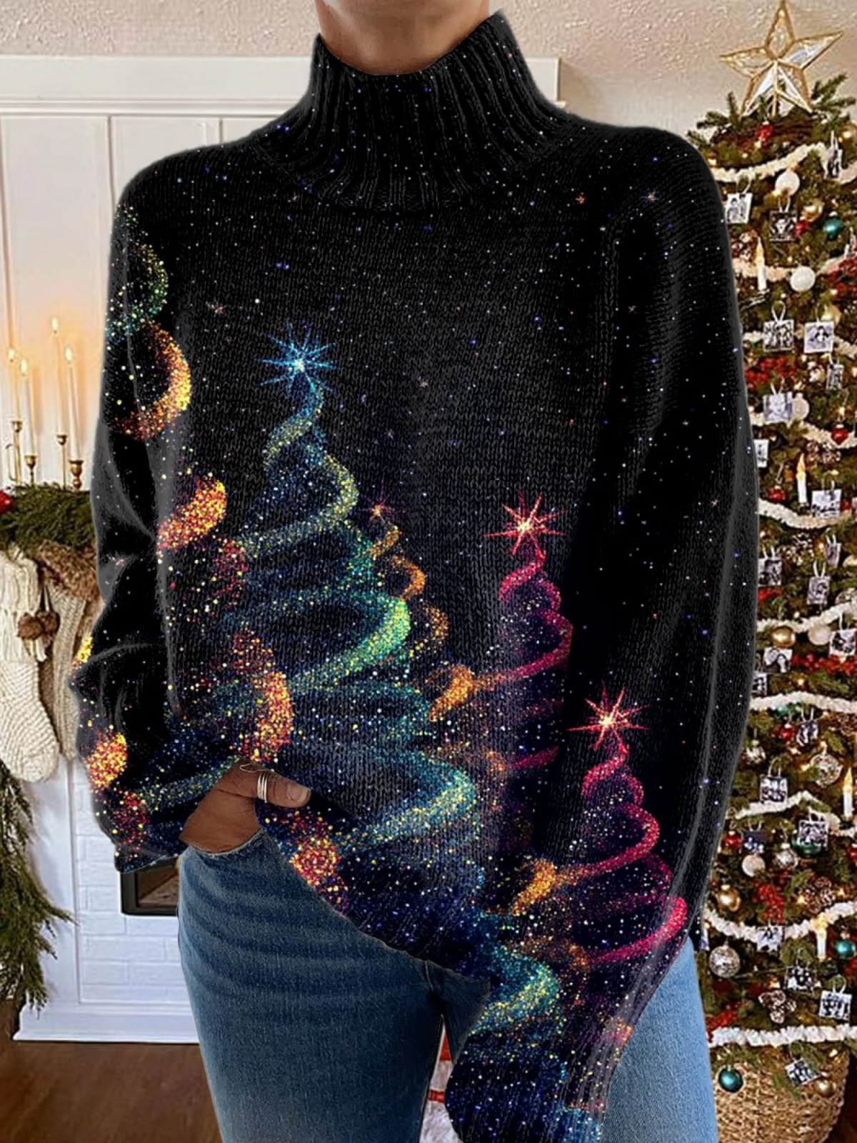Poppy Flower | Glittering Christmas Tree Turtleneck Sweater