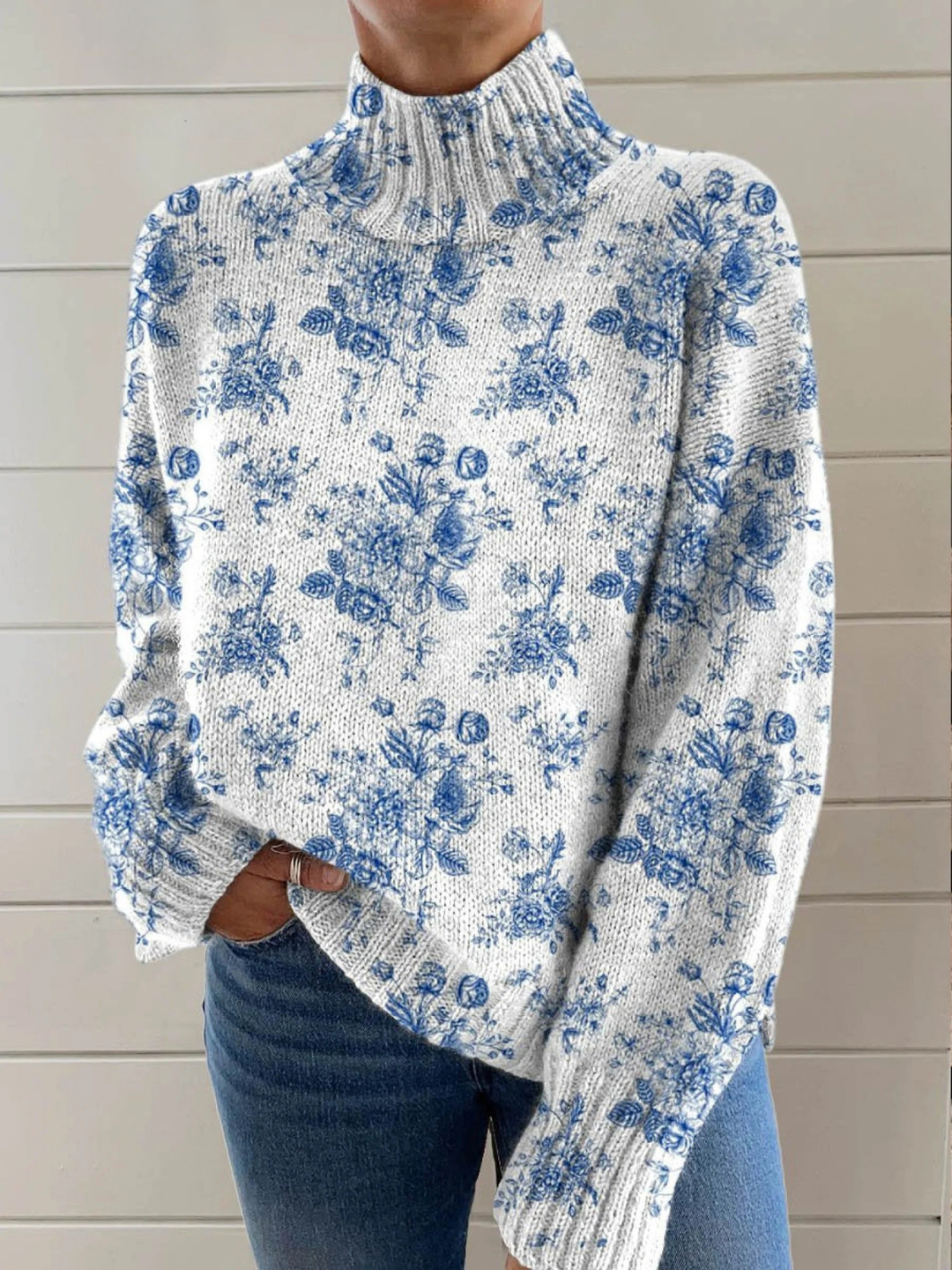 Poppy Flower | Blue Floral Turtleneck Sweater