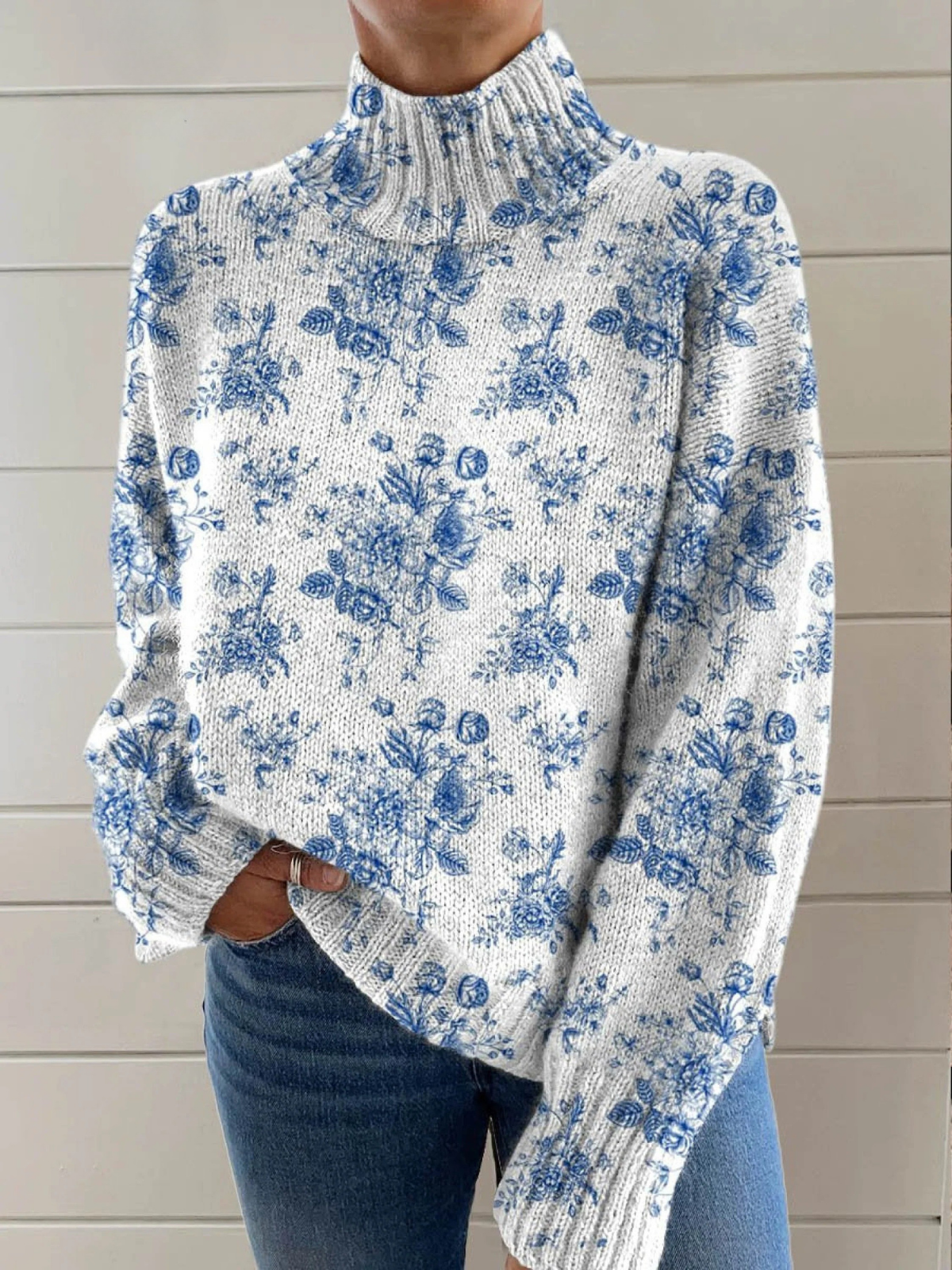 Poppy Flower | Blue Floral Turtleneck Sweater