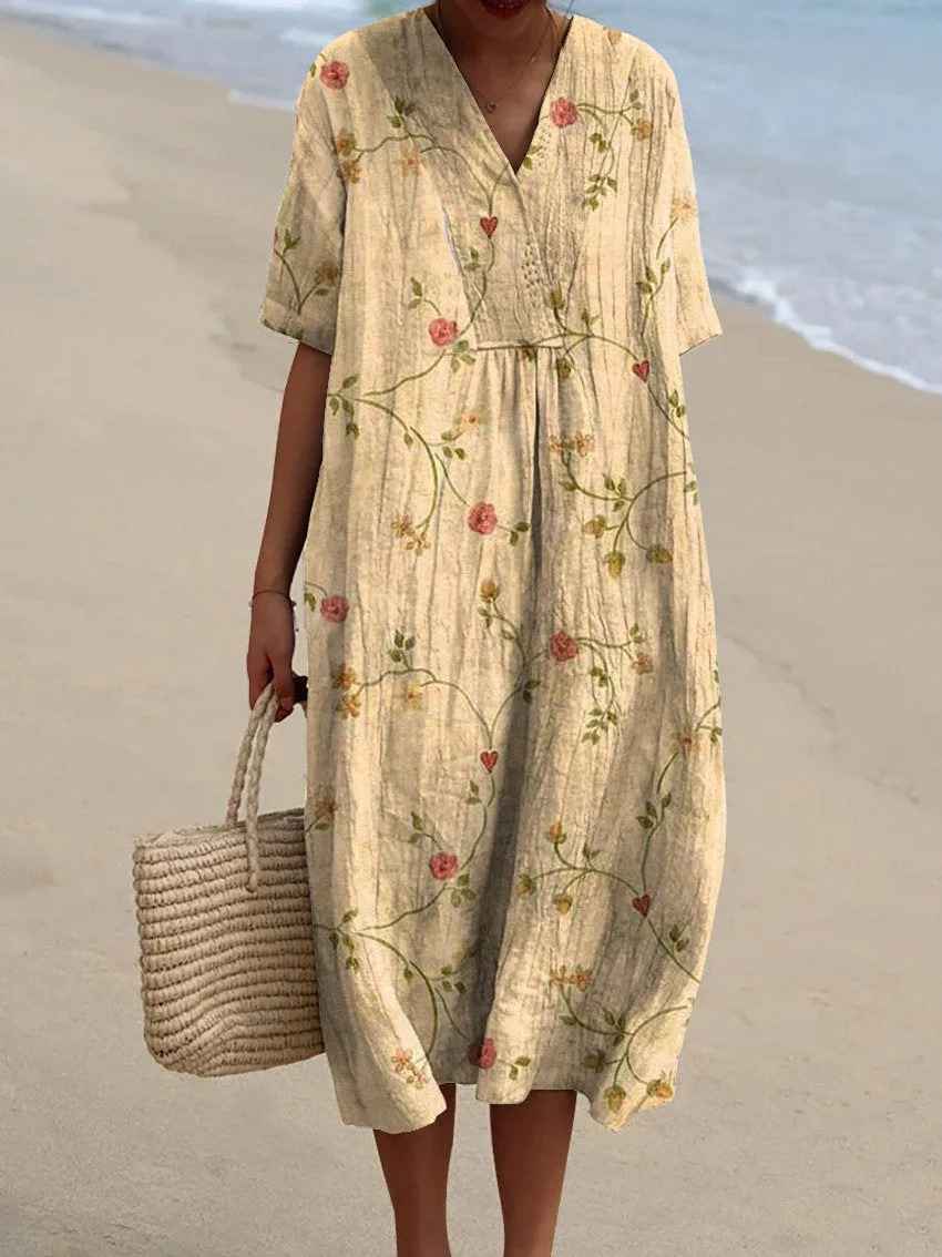 Women's Vintage Floral Art Print Flowy Casual Dress