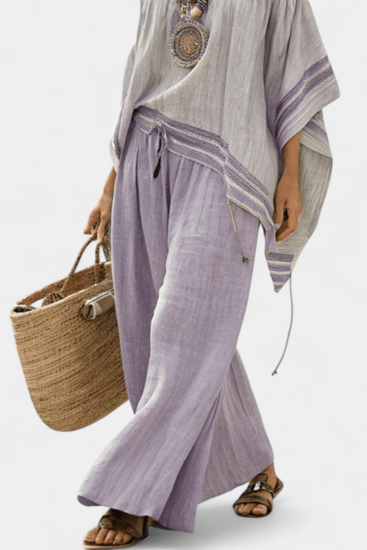 Zandrel | Elegant Off-Shoulder Top and Striped Wide-Leg Pants