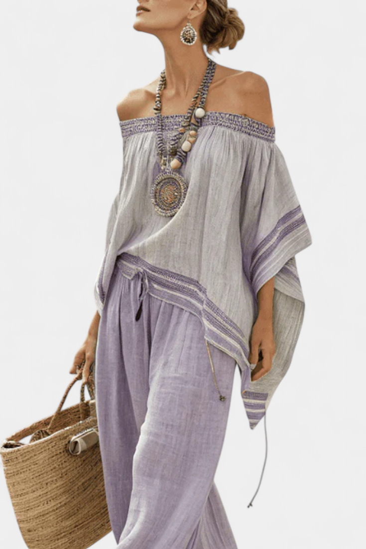 Zandrel | Elegant Off-Shoulder Top and Striped Wide-Leg Pants