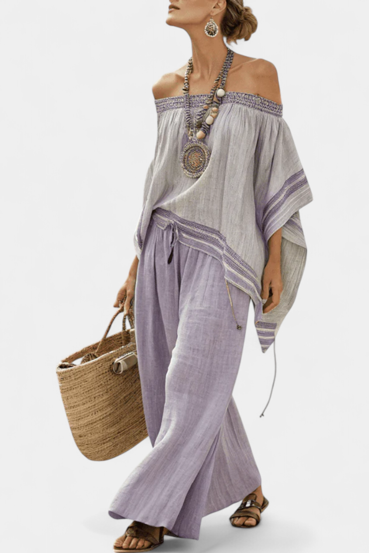 Zandrel | Elegant Off-Shoulder Top and Striped Wide-Leg Pants