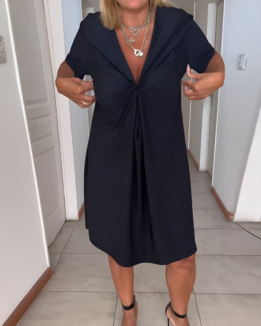 Laurence | Elegant Gathered Dress with V-Neck