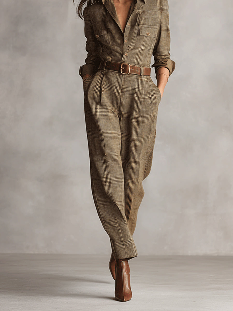 Celia | Brown Checkered Jumpsuit with Refined Details