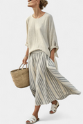 Aurcyn | Comfortable and Loose Blouse & Striped Midi Skirt