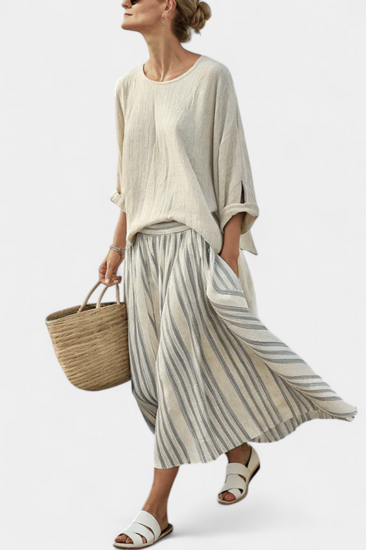 Aurcyn | Comfortable and Loose Blouse & Striped Midi Skirt