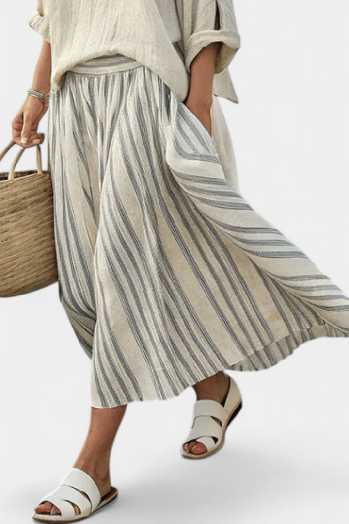 Aurcyn | Comfortable and Loose Blouse & Striped Midi Skirt