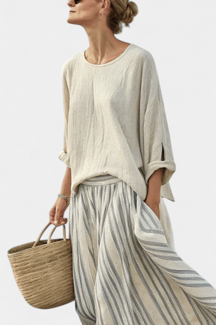 Aurcyn | Comfortable and Loose Blouse & Striped Midi Skirt