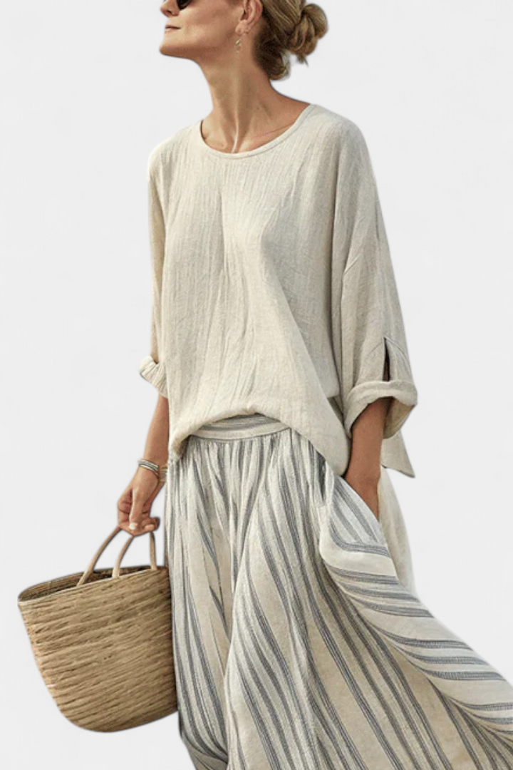 Aurcyn | Comfortable and Loose Blouse & Striped Midi Skirt