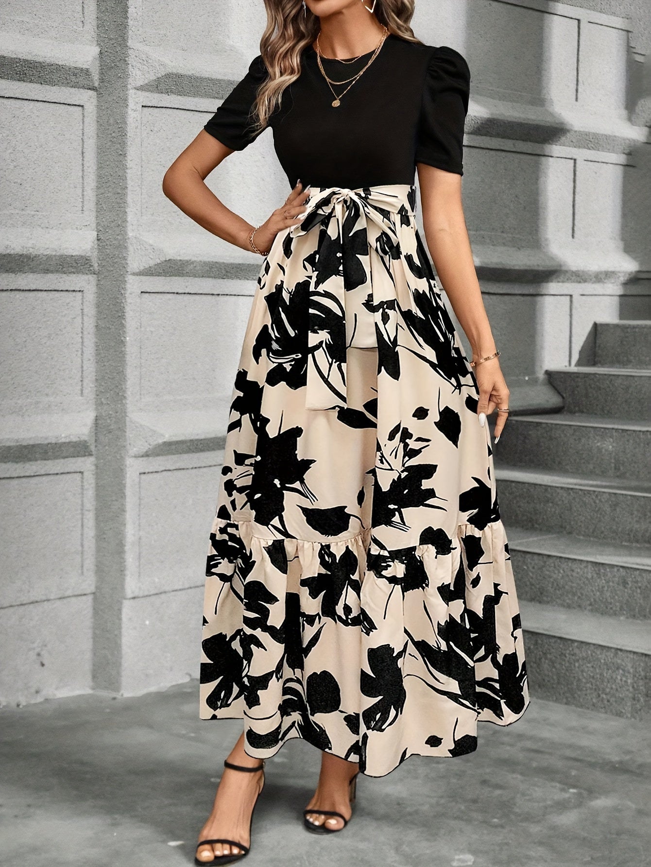 Briony - Floral High-Waist Dress with Ruffle Hem