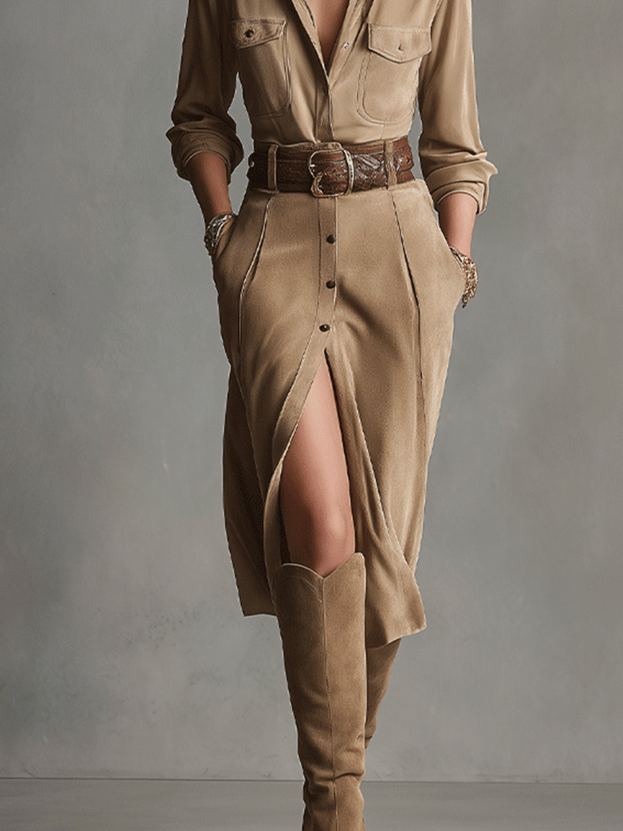 Women's Brown Fashionable Midi Suede Dress