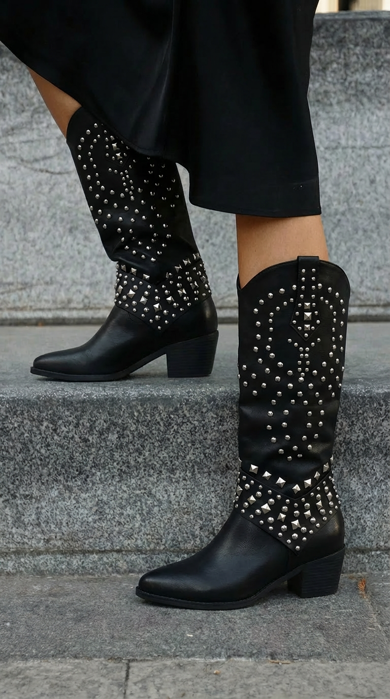 BLACK STUDDED WESTERN BOOTS