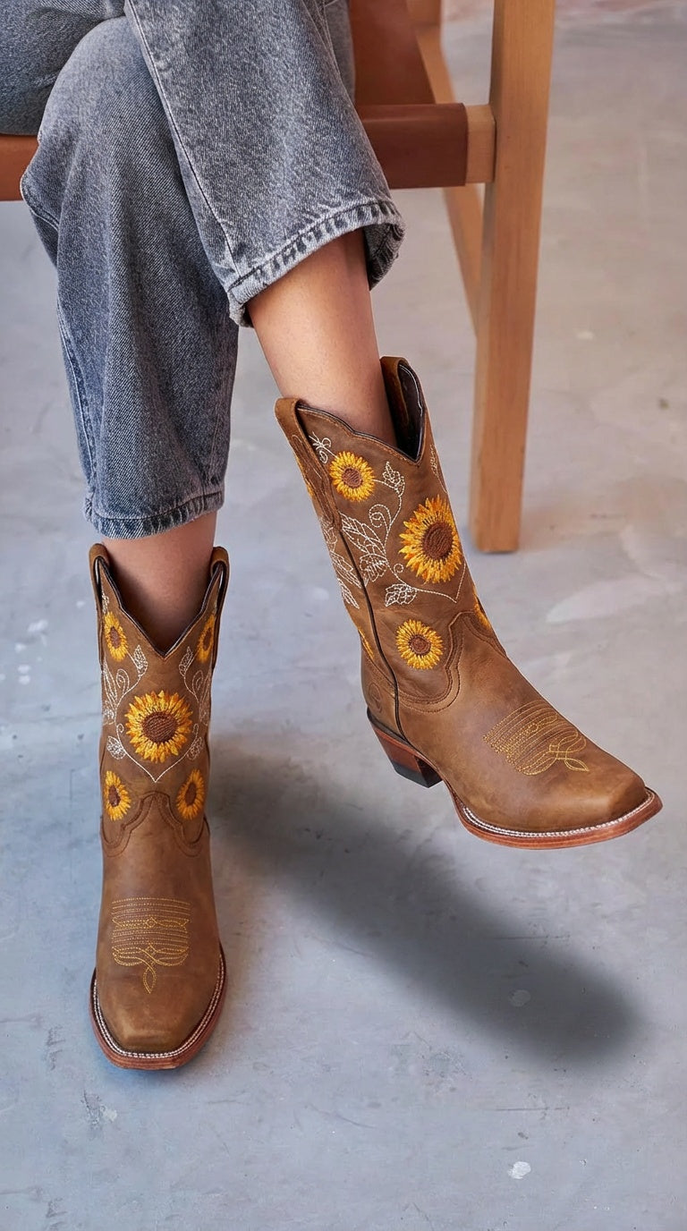 WESTERN BOOTS WITH SUNFLOWER EMBROIDERY