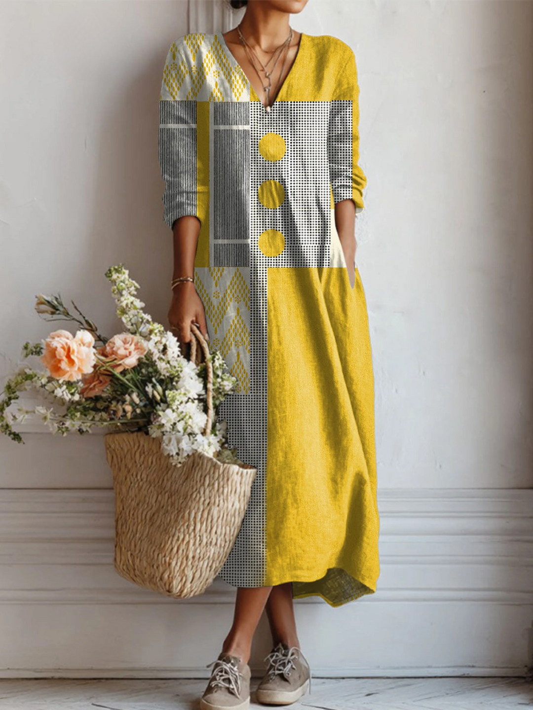 Women's Vintage Abstract Geometry  Art Print with Pocket Tunic Dress