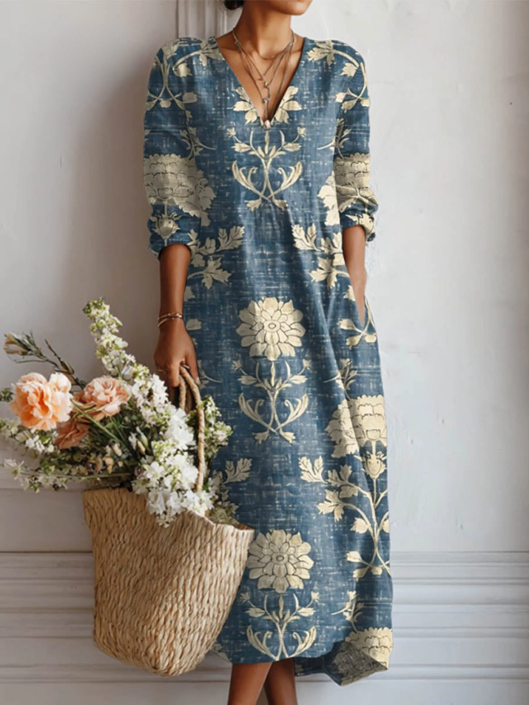 Women's Vintage Floral Pattern Art Print with Pocket Dress