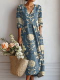 Women's Vintage Floral Pattern Art Print with Pocket Dress