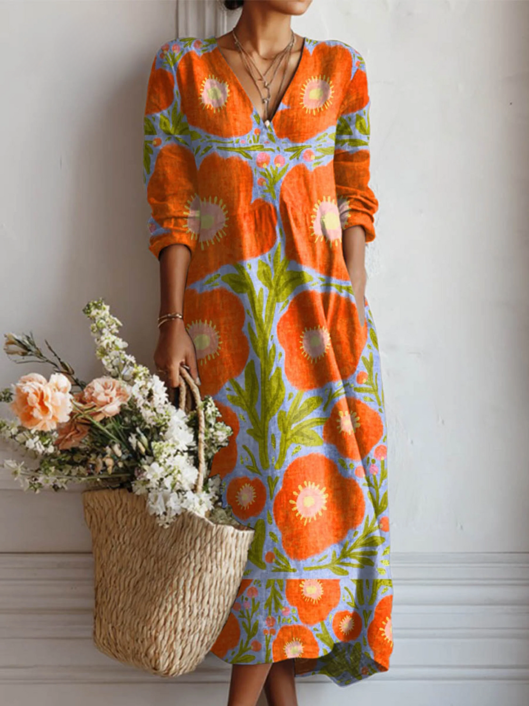 Women's Vintage Floral Pattern Art Print with Pocket Dress