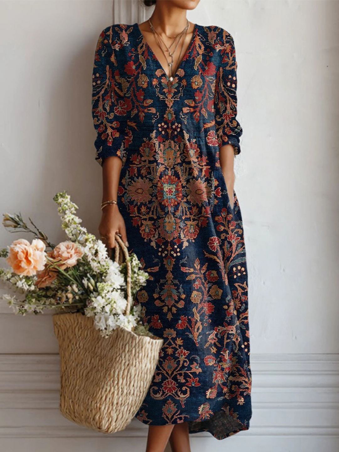 Women's Vintage Flower Art Print with Pocket Tunic Dress
