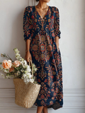 Women's Vintage Flower Art Print with Pocket Tunic Dress