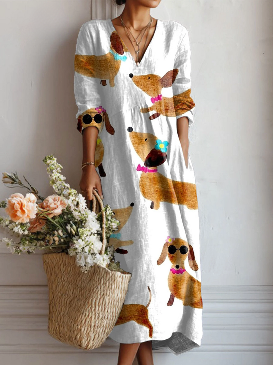 Women's Vintage Dachshund Art Print with Pocket Dress