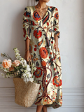 Women's Vintage Floral Pattern Art Print with Pocket Dress