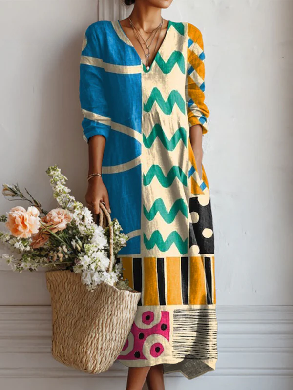 Women's Vintage Abstract Geometry Art Print with Pocket Dress