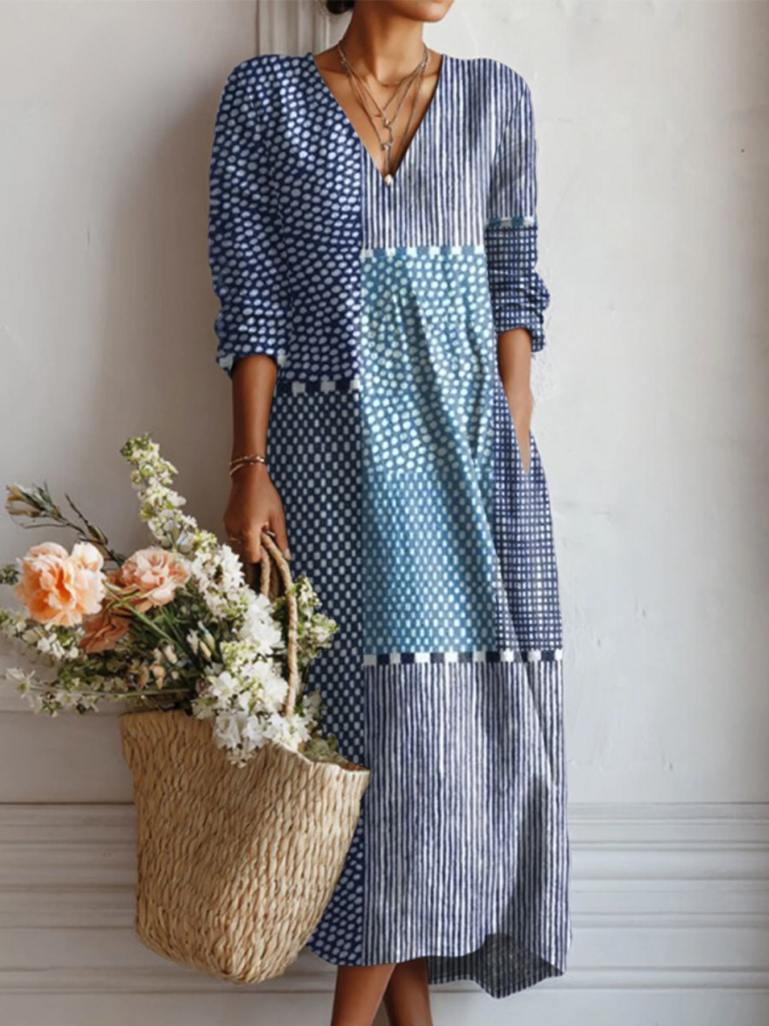 Women's Vintage Abstract Geometry Art Print with Pocket Dress