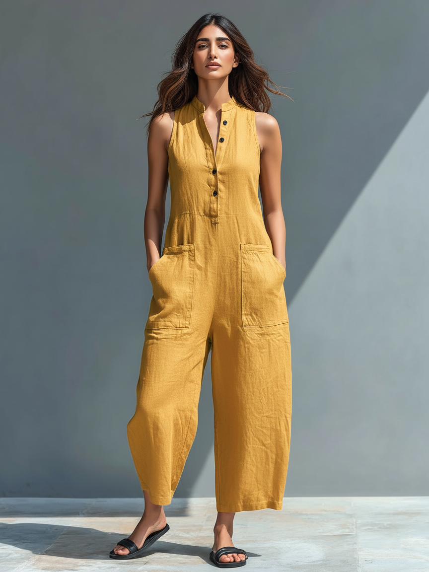 Sleeveless Minimalist Jumpsuit for Women with High Collar and Buttons