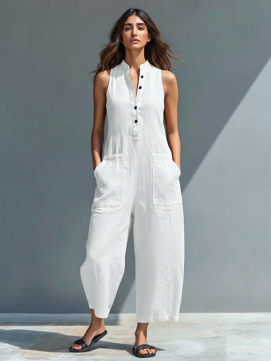 Sleeveless Minimalist Jumpsuit for Women with High Collar and Buttons
