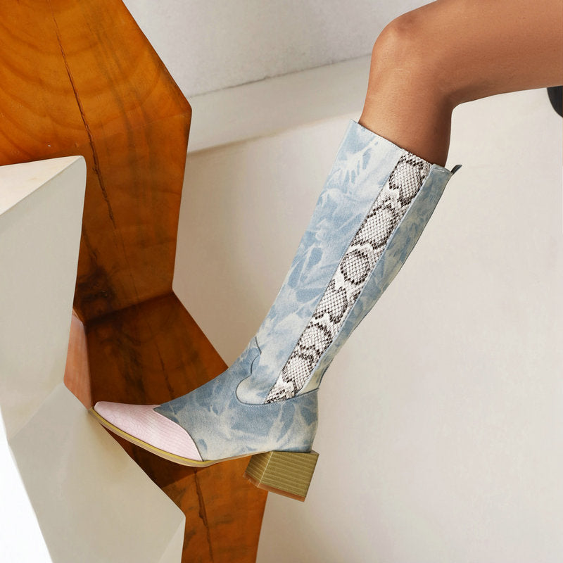 DENIM BOOTS WITH SNAKESKIN DETAIL