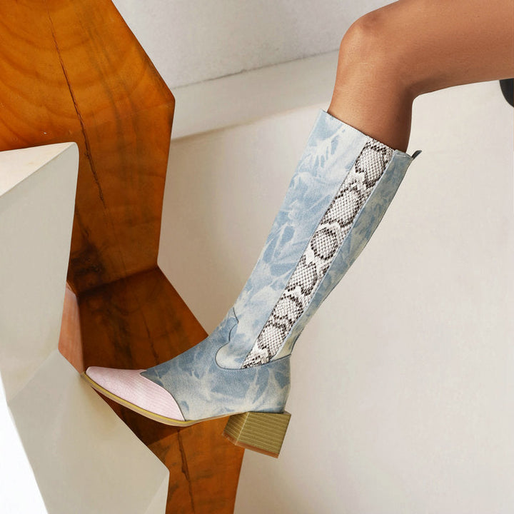 DENIM BOOTS WITH SNAKESKIN DETAIL