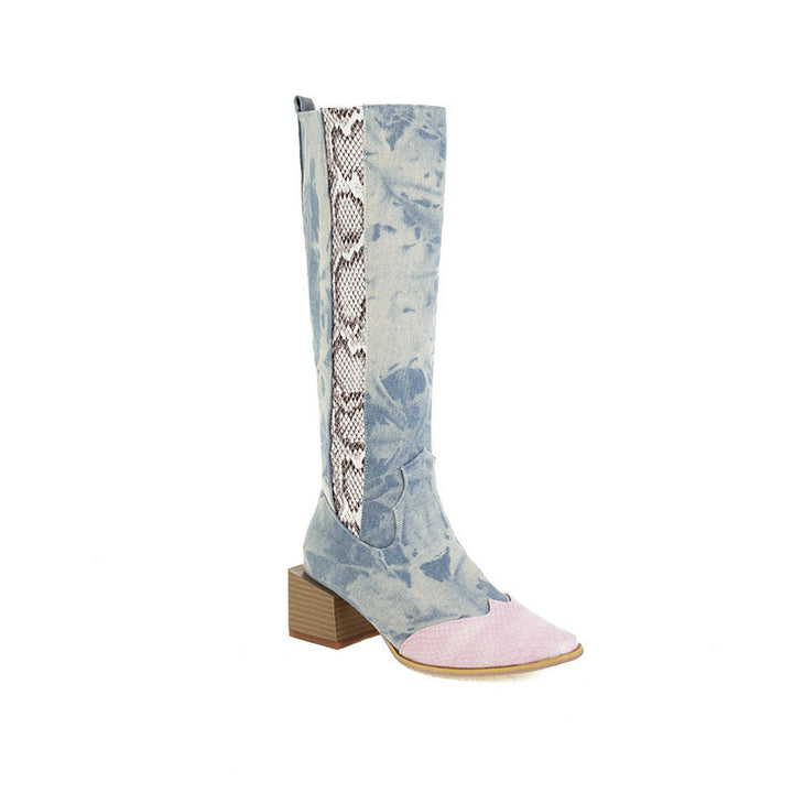 DENIM BOOTS WITH SNAKESKIN DETAIL