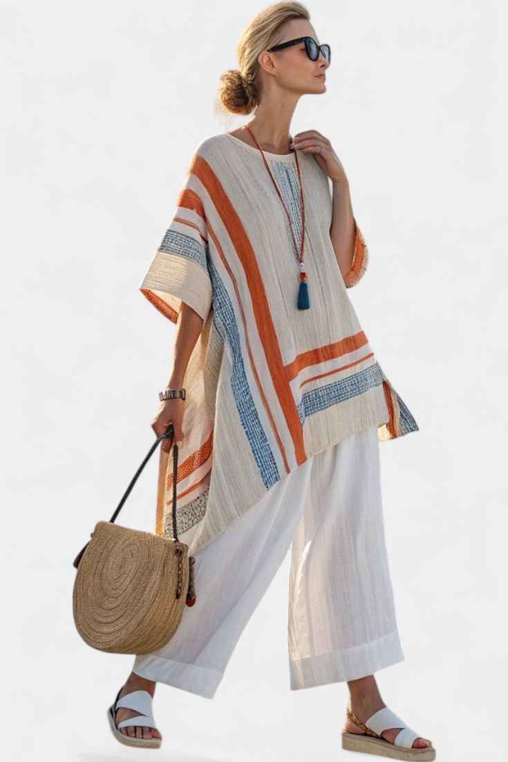Caevan | Sophisticated Asymmetrical Blouse & Wide Leg Linen Pants