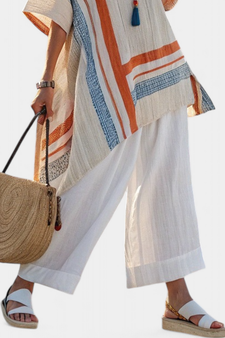 Caevan | Sophisticated Asymmetrical Blouse & Wide Leg Linen Pants