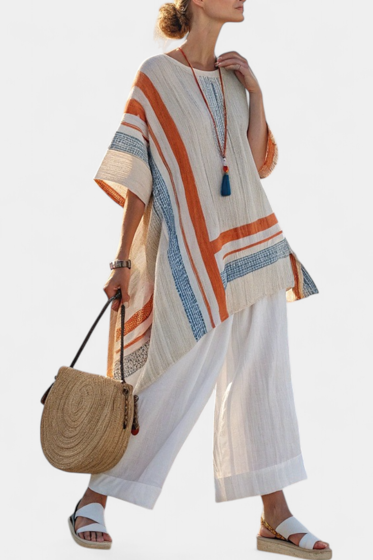 Caevan | Sophisticated Asymmetrical Blouse & Wide Leg Linen Pants