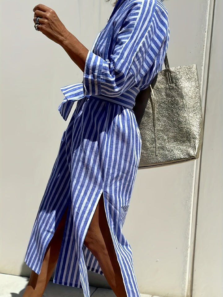 CHRISTINE | STRIPED PRINT DRESS WITH BUTTON CLOSURE AND BELT