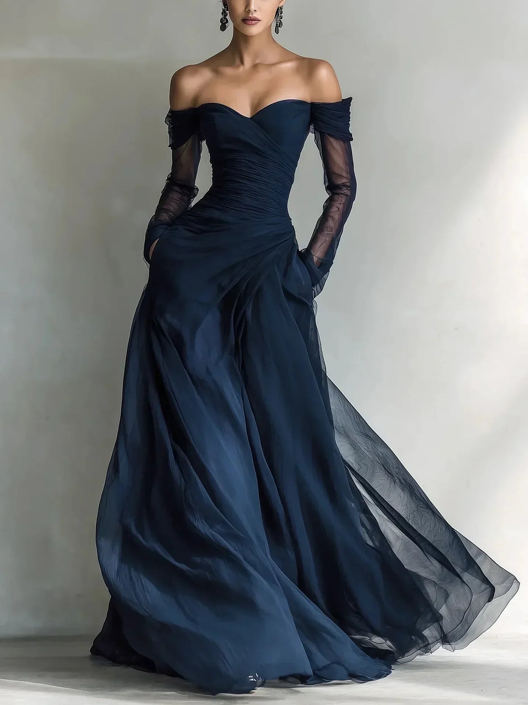 Eleonora | Long dress with off-the-shoulder design and mesh inserts