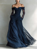 Eleonora | Long dress with off-the-shoulder design and mesh inserts