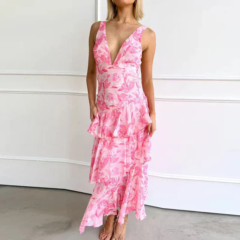 Xavryna – Floral Tiered Maxi Dress with Deep V-Neck