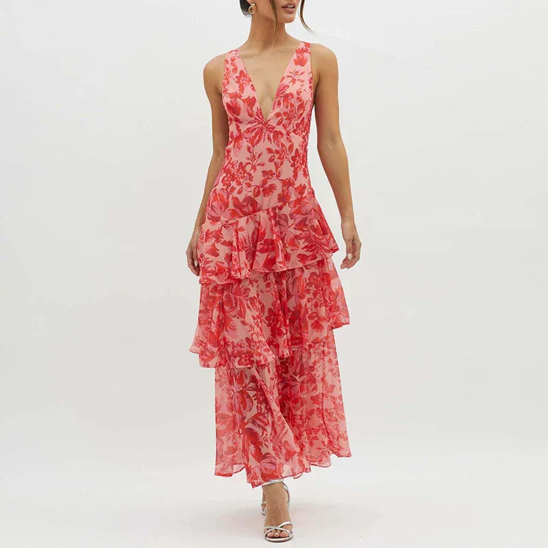 Xavryna – Floral Tiered Maxi Dress with Deep V-Neck